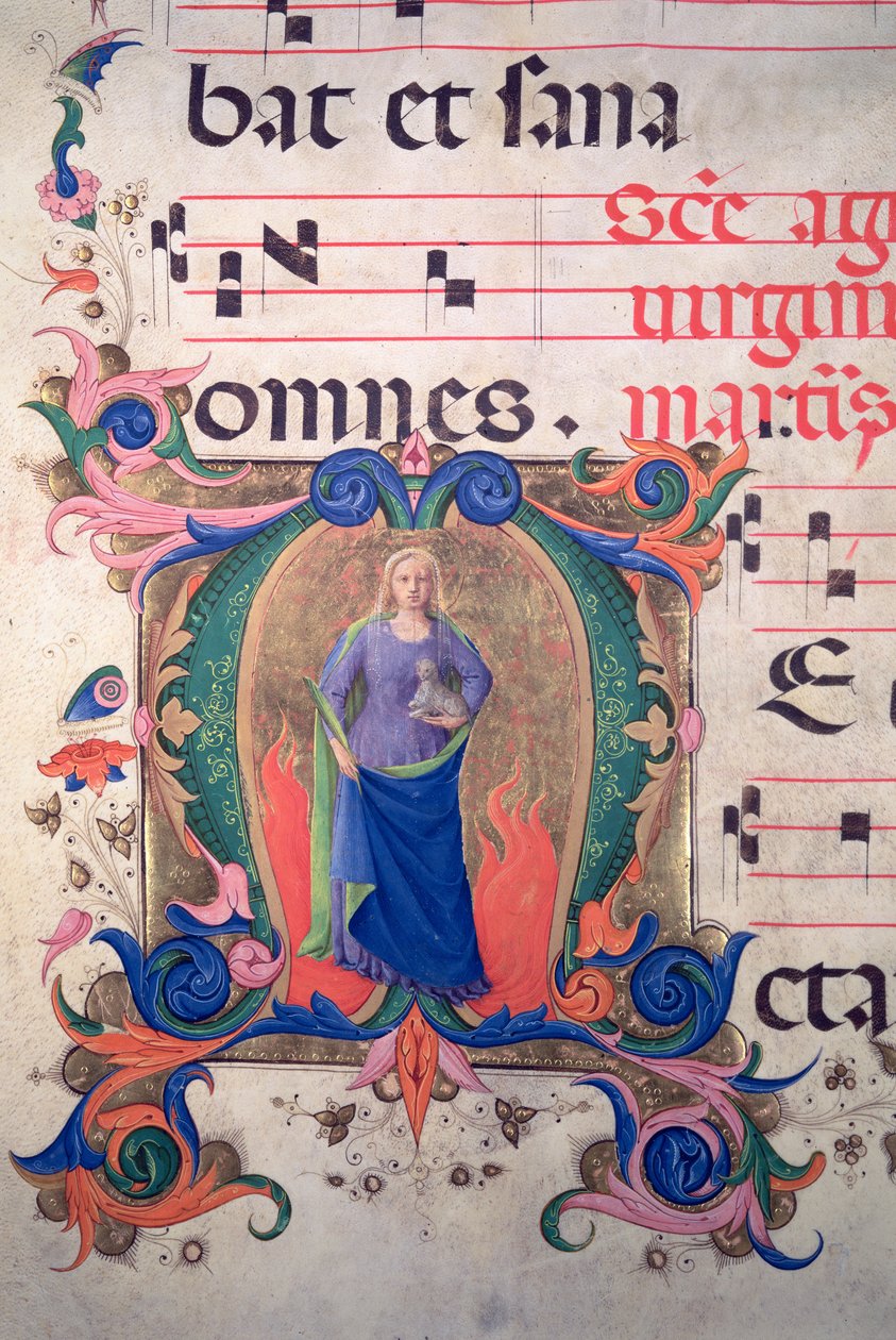 Missal 515 f.13v Historikert initial "M" som föreställer St. Agnes, från ett musikaliskt partitur av Zanobi di Benedetto Strozzi