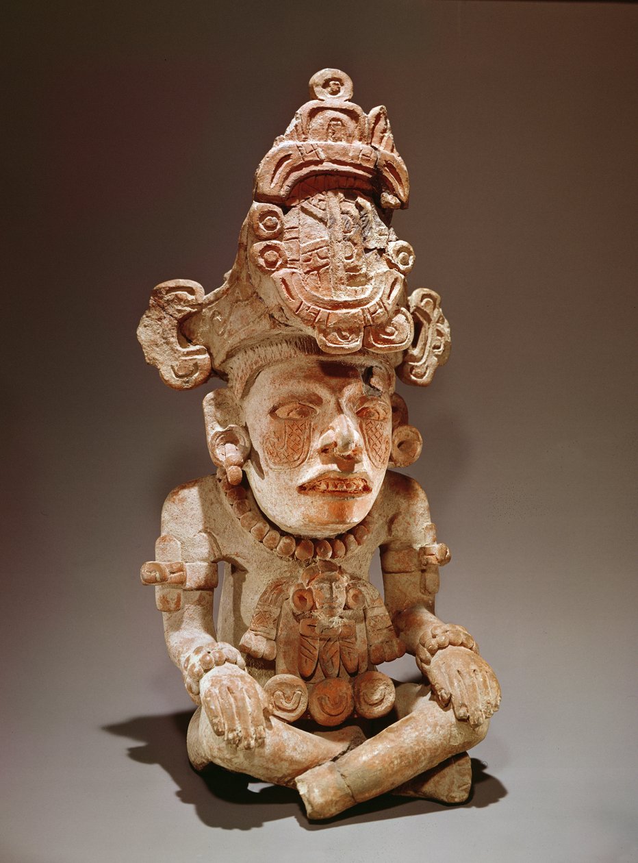 Urn föreställande en sittande gudom, Monte Alban, Oaxaca, period III (keramik) av Zapotec