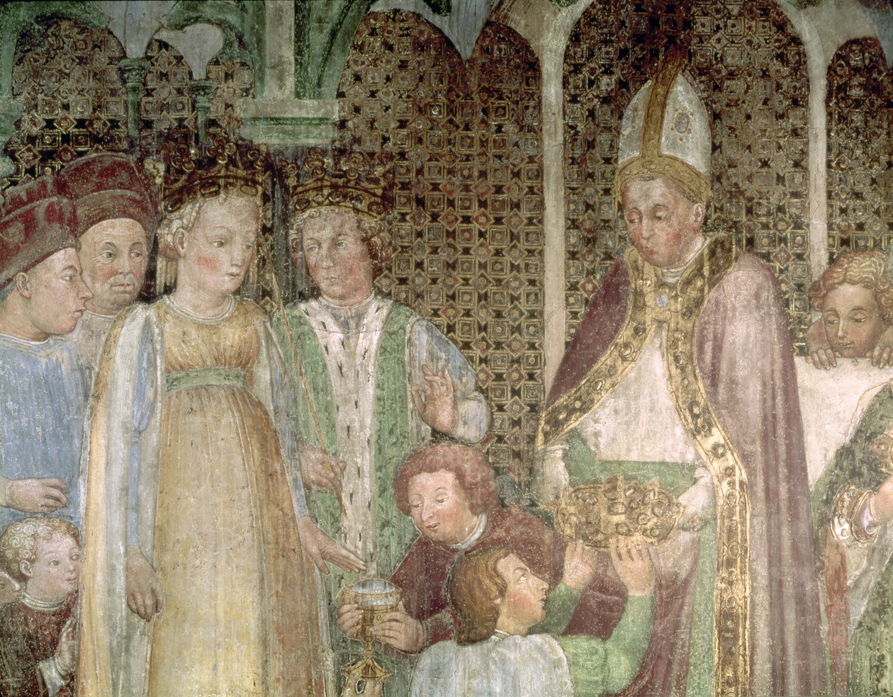 Drottning Theodolinda och påven Gregorius den store (ca 540-604) utbyter gåvor, 1444 av Zavattari Family