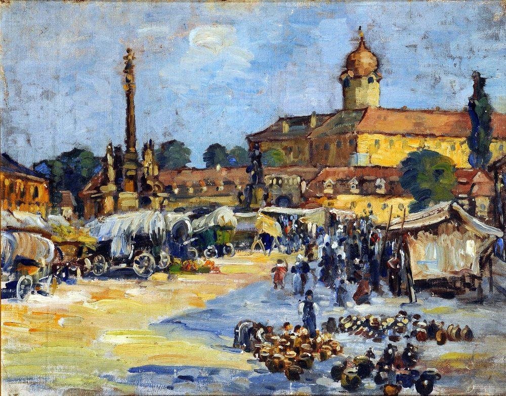 A town square market with figures av Zdenka Braunerova