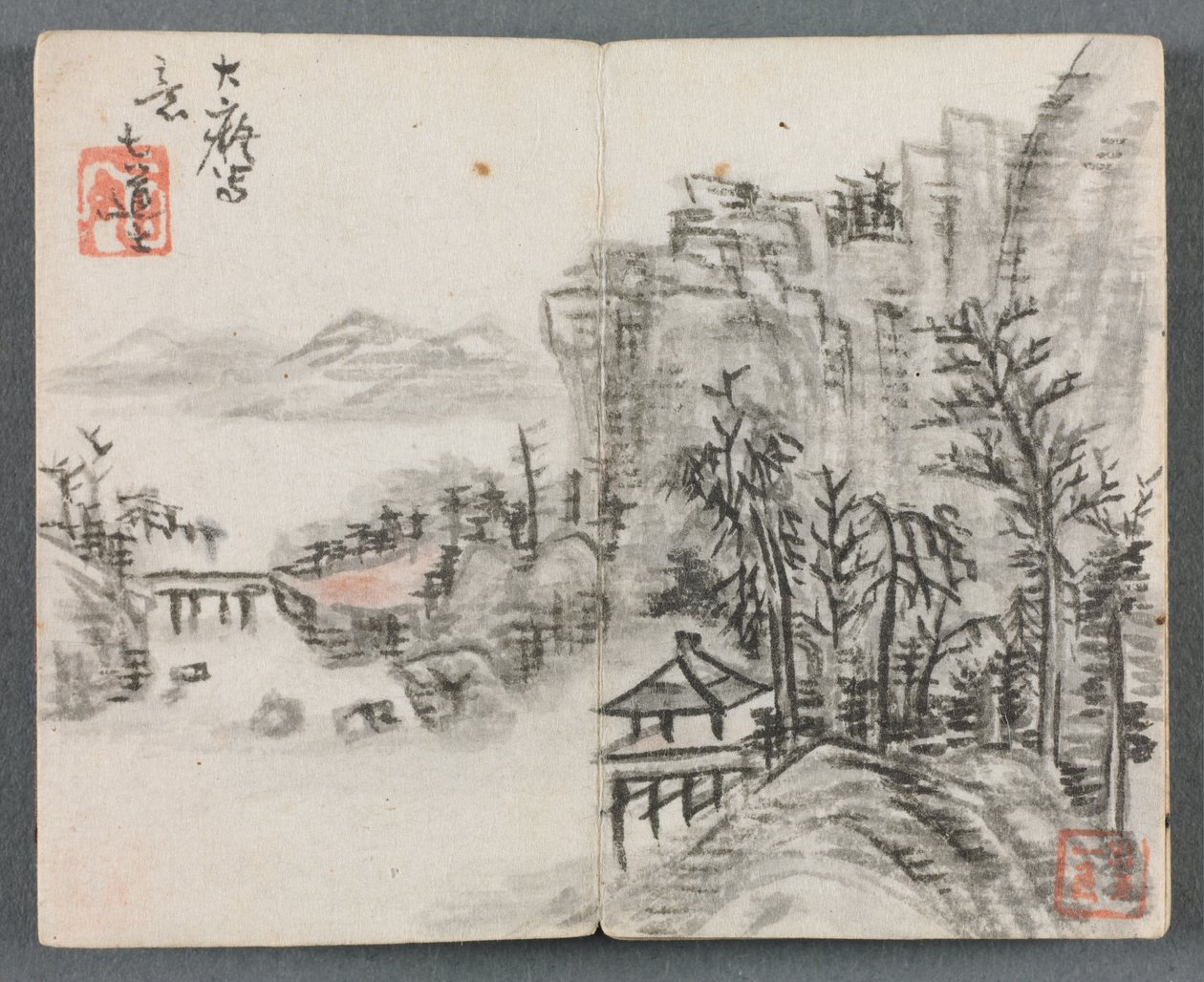 Miniatyralbum med figurer och landskap (Cliff Landscape with Bridge) av Zeng Yandong