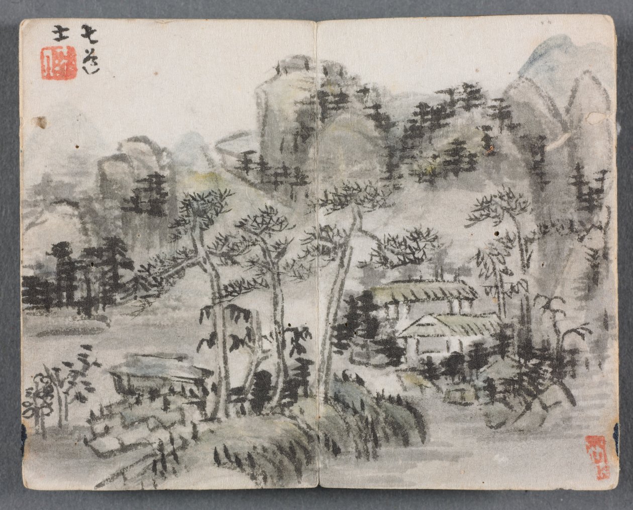 Miniatyralbum med figurer och landskap (Landskap med två byggnader) av Zeng Yandong