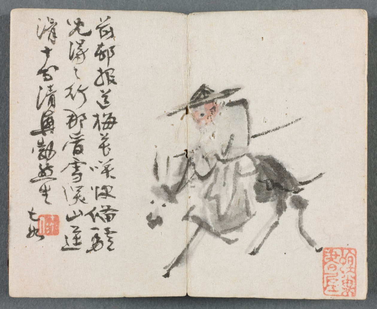 Miniatyralbum med figurer och landskap (Old Man on Donkey) av Zeng Yandong