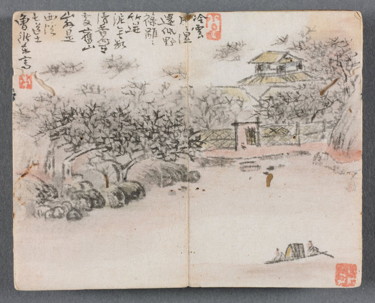 Miniatyralbum med figurer och landskapslandskap med två båtsmän, 1822. av Zeng Yangdong