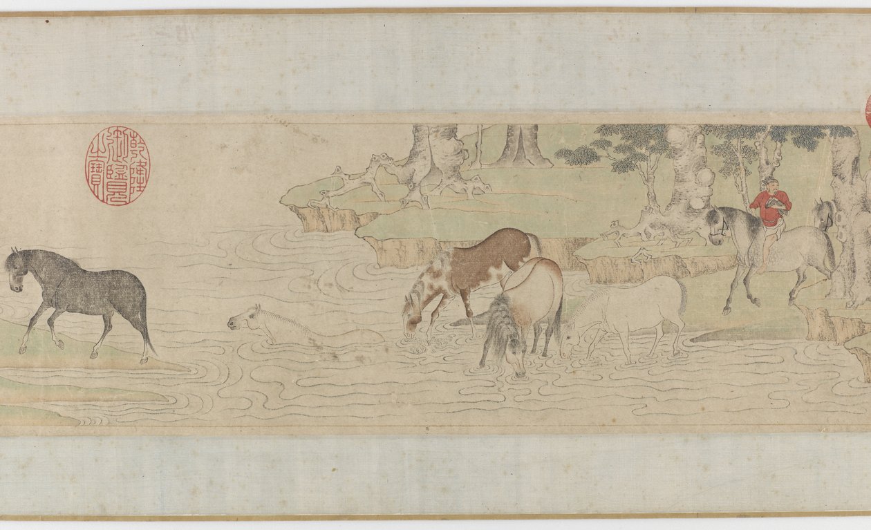 Hästar och hästskötare som korsar en flod, Yuan eller tidig Ming-dynastin, 1300-talet av Zhao Mengfu Chao Meng Fu or