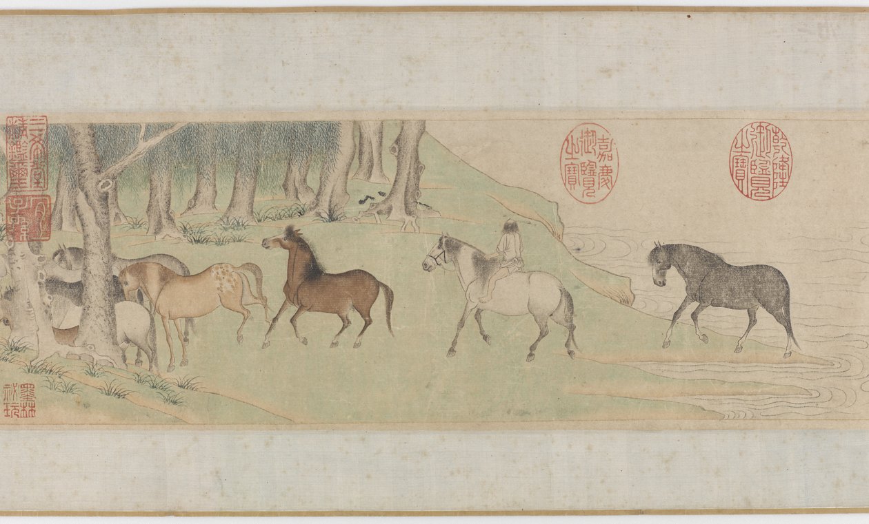 Hästar och hästskötare som korsar en flod, Yuan eller tidig Ming-dynastin, 1300-talet av Zhao Mengfu Chao Meng Fu or