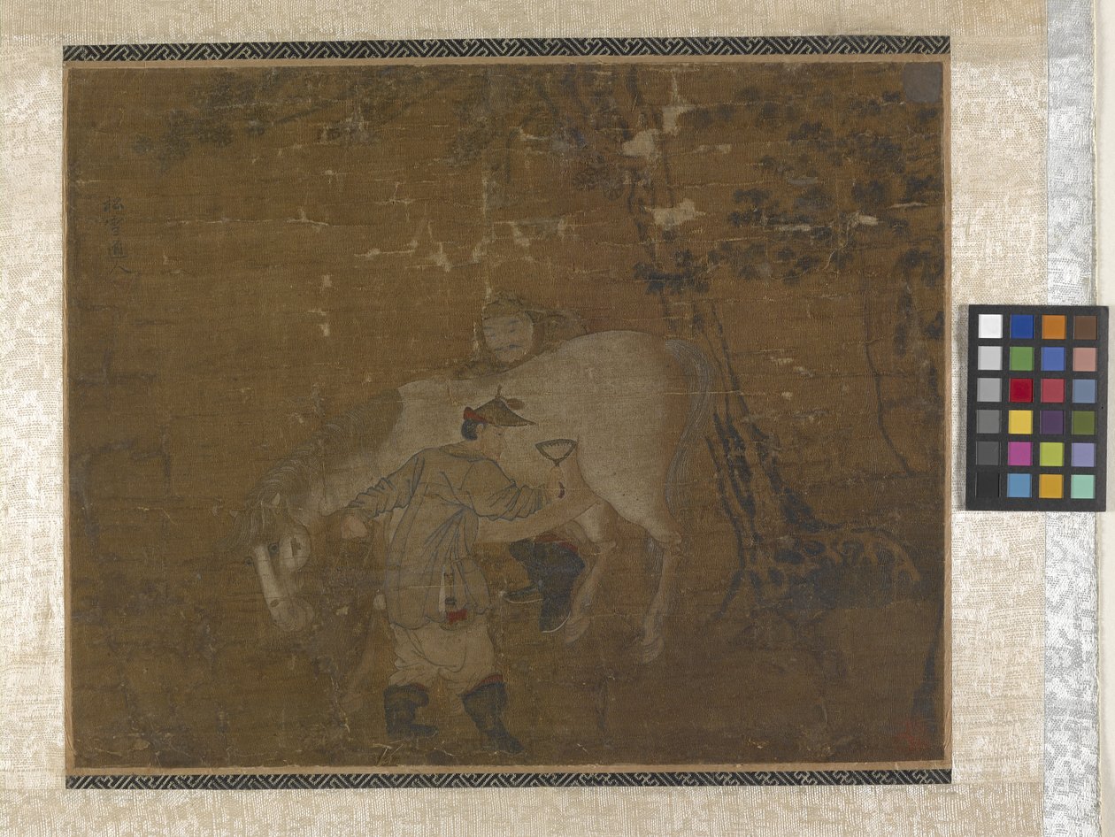 Grooms Combing White Horse (färger på siden) av Zhao Mengfu Chao Meng Fu or