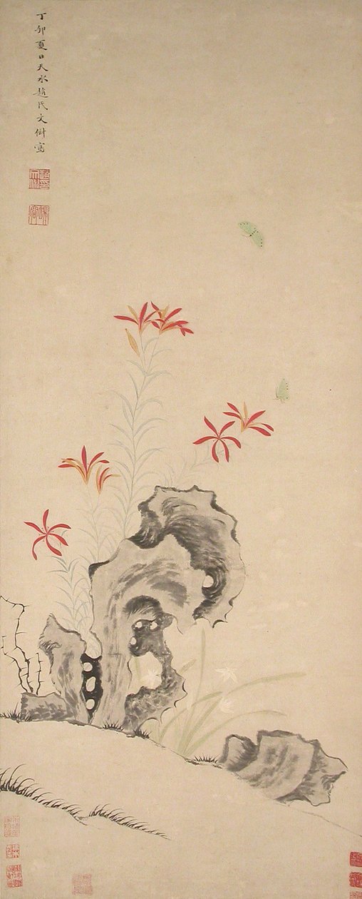 Rock, Tiger Lily and Orchid, daterad 1627. av Zhao Wenchu