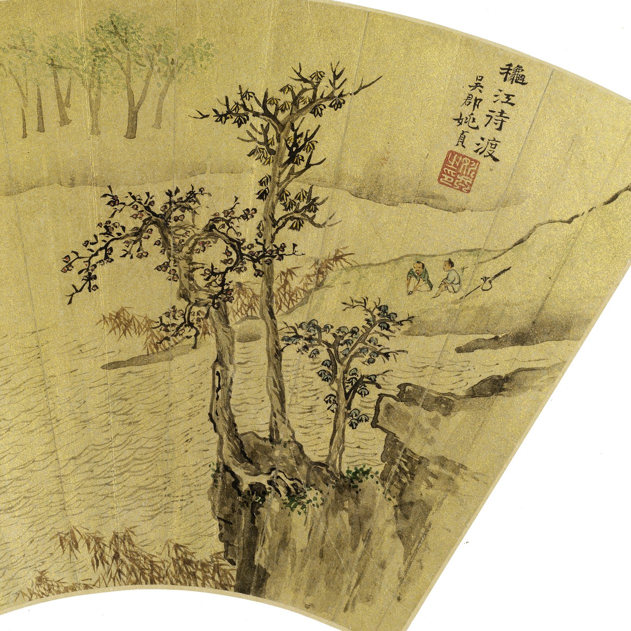 Detalj av landskap med män och åsna som färjas över en flod bläck & färger på guldpapper av Zhen Yao