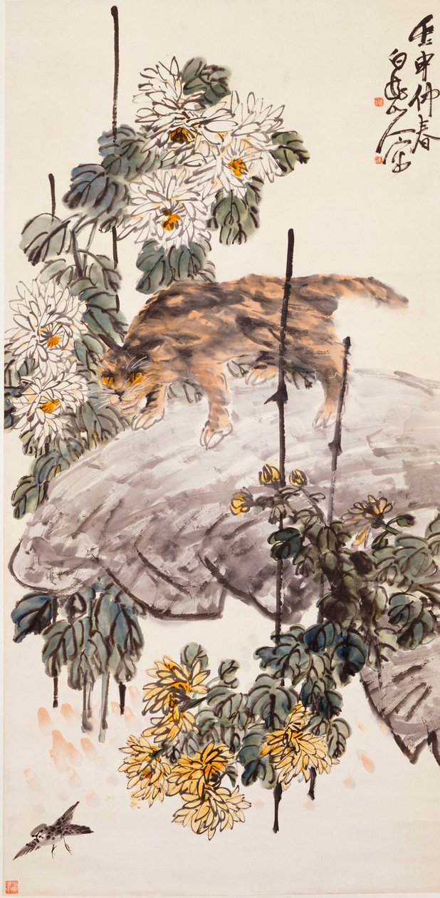 Katt, fågel och krysantemum av Zhen Wang