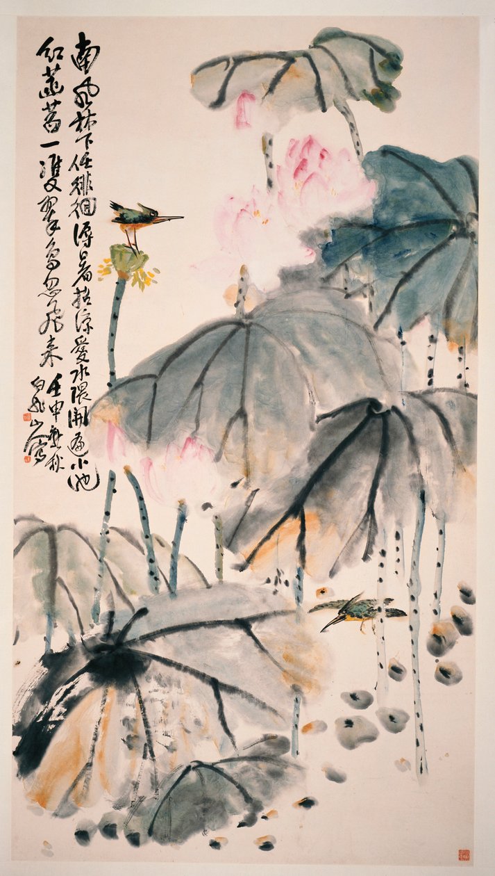 Lotus och gröna fåglar av Zhen Wang