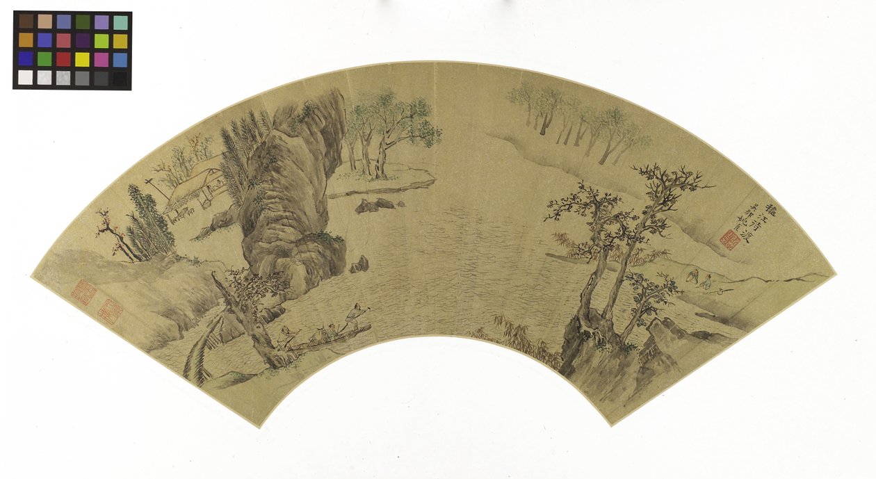 Landskap med män och åsna som färjas över en flod (bläck och färger på guldpapper) av Zhen Yao