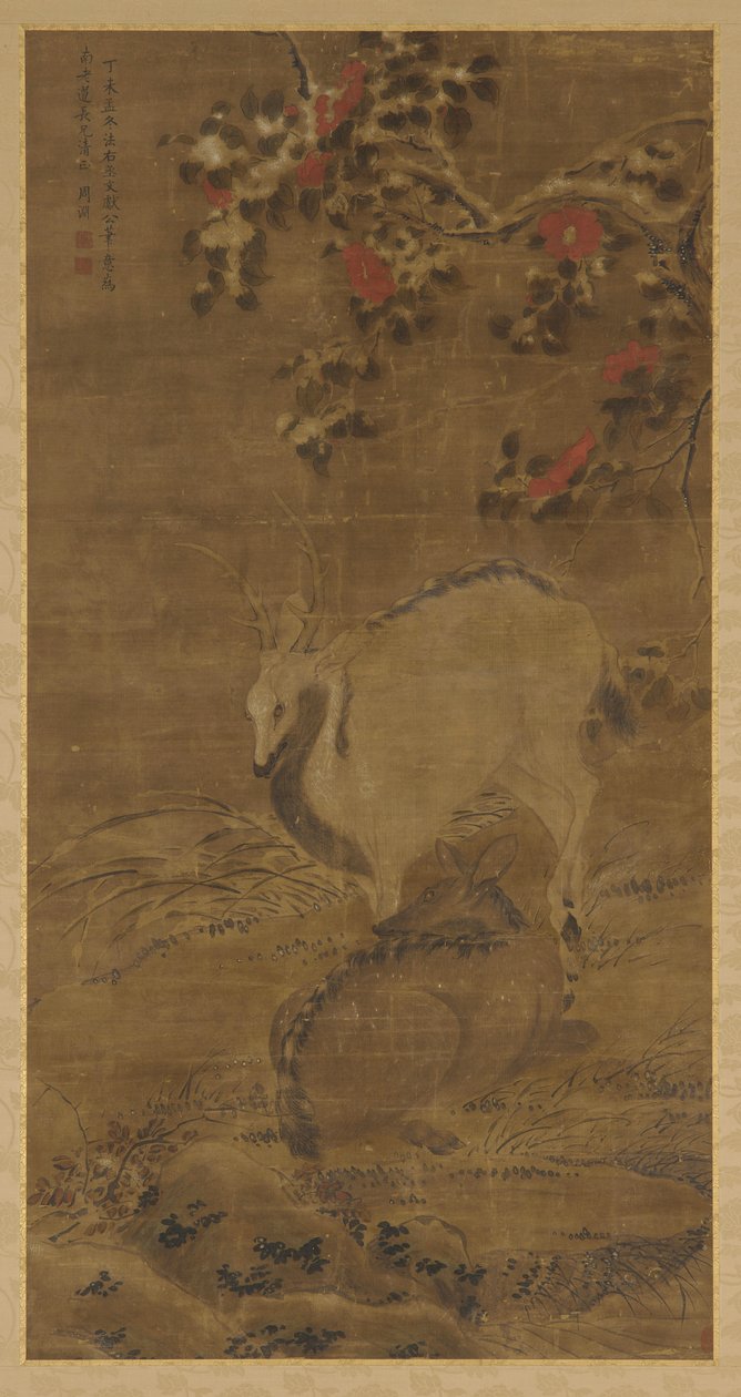 En hjort, en do och röda kamelia i snö av Zhou Yuan