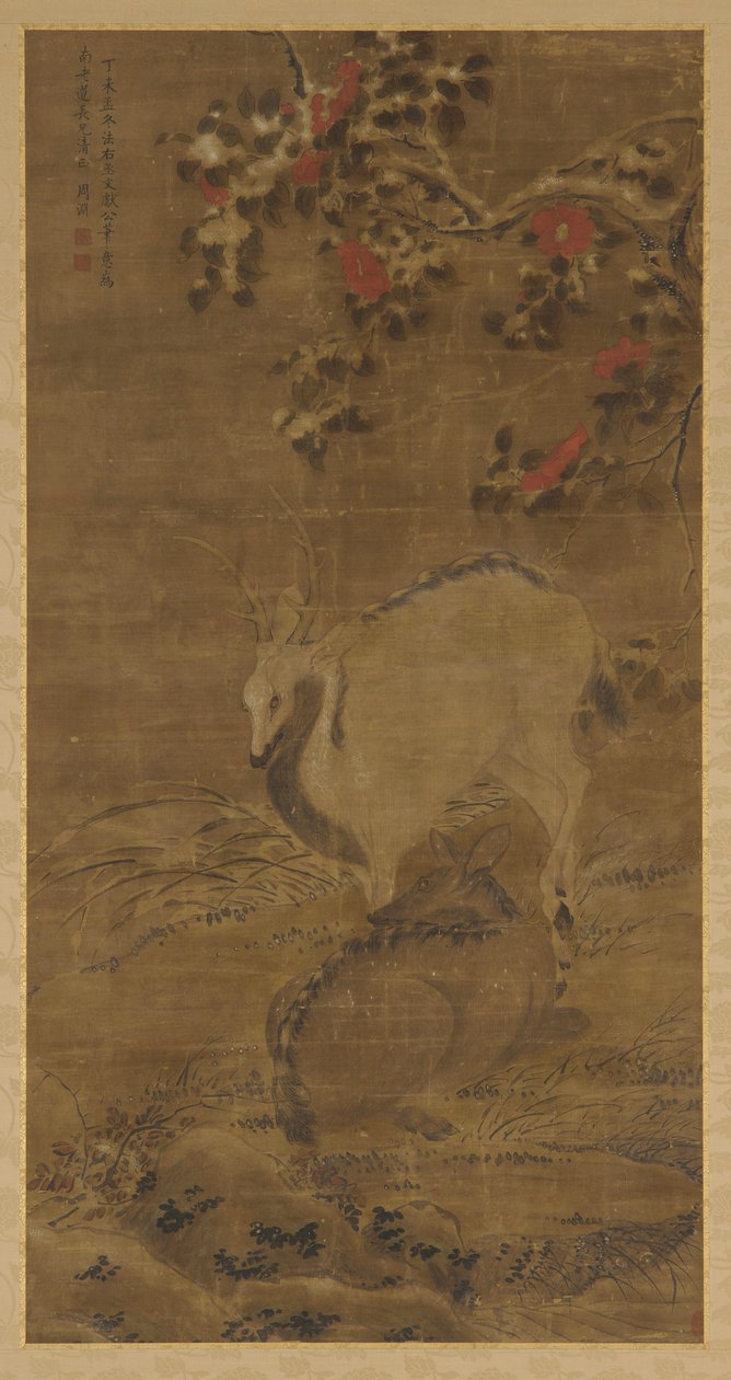 En hjort, en do och röda kamelia i snö, 1367. av Zhou Yuan