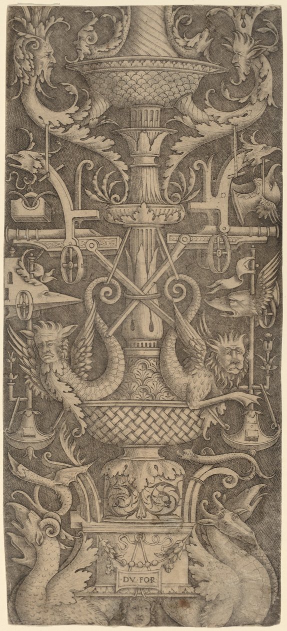 Ornamentpanel med drakar, masker och krigsinstrument, ca. 1505. av Zoan Andrea