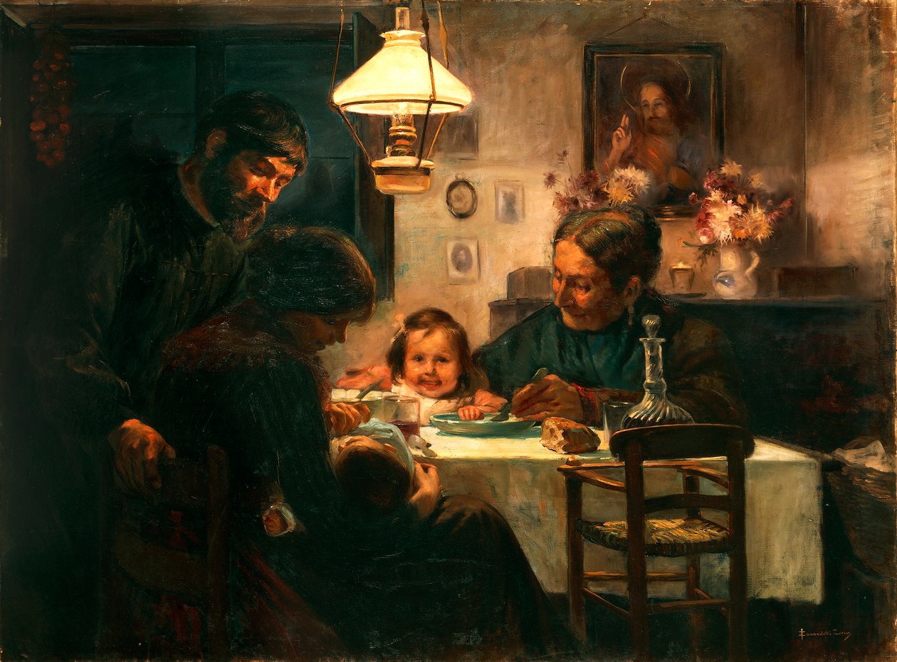 Arbetarens familj (olja på duk) av Zocca Zanardelli