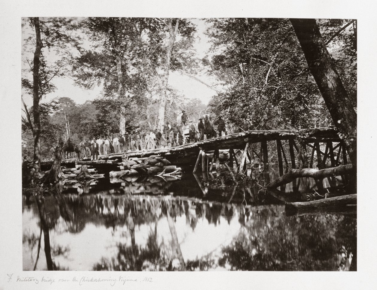 En militär bro över Chickahominy, Virginia, USA, ca 1862 av Ferdinand Georg Waldmuller