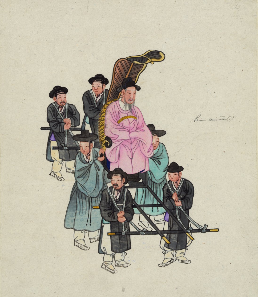 En hög koreansk tjänsteman, möjligen premiärministern, bärs i en utarbetad Sedan-stol, ca. 1890 (akvarell) av . .