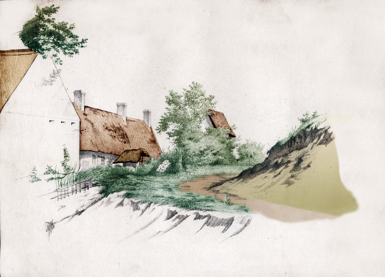En bondgård med halmtak i centrala Frankrike. ca 1850 (ritning) av . .