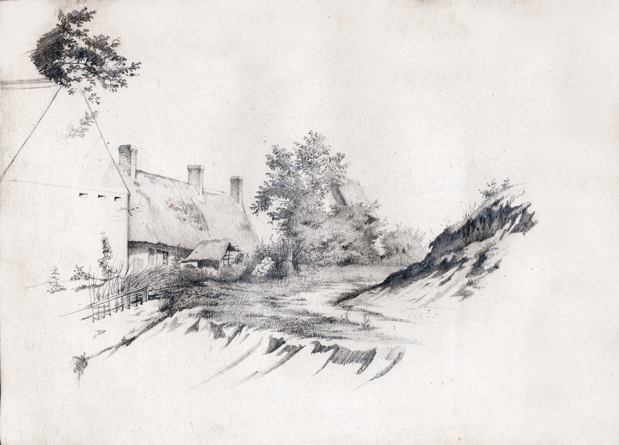 En bondgård med halmtak i centrala Frankrike. ca 1850 (ritning) av . .