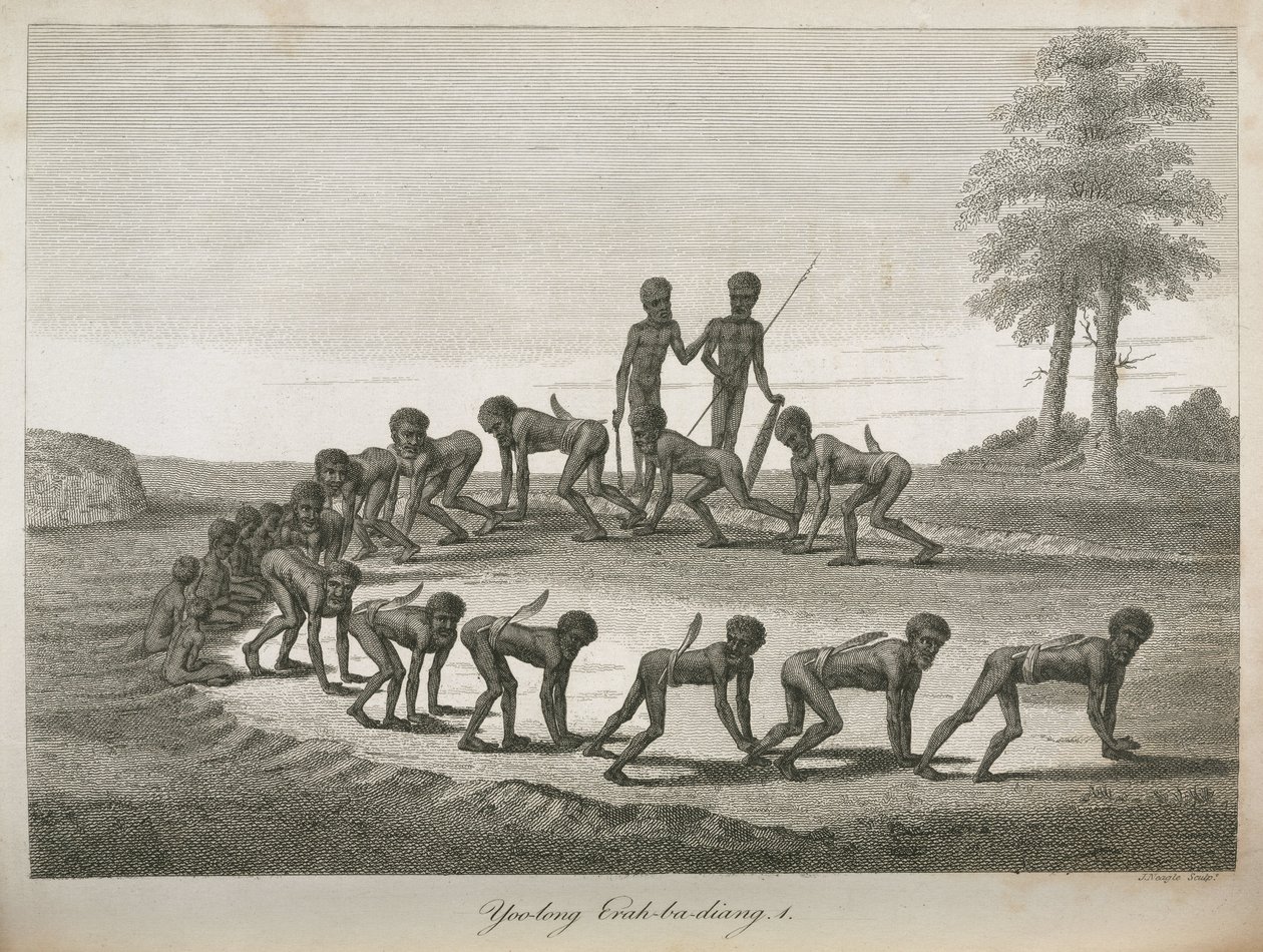 Aboriginal män som imiterar hundar, Australien av Frederick (attr. to) Barnard