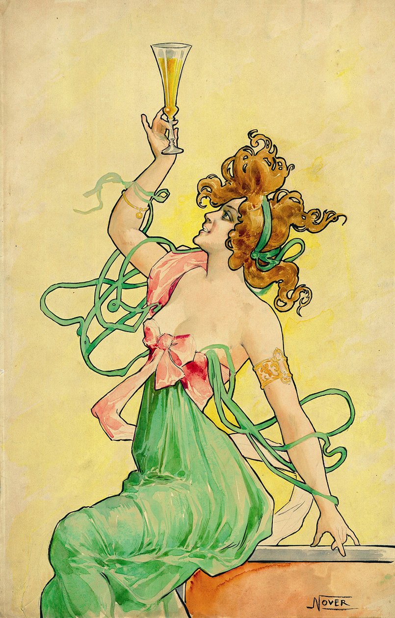 Absinthe Blanqui, c 1900, modell (bläck, pastell och akvarell) för en reklamaffisch, mellan 1898 och 1901, signerad Nover, palindrom hos tryckeriet Revon, Paris av Frederick (attr. to) Barnard