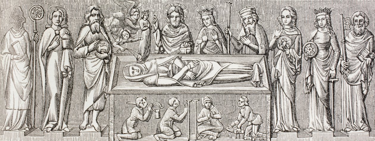 Efter basreliefen på prinsessan Elisabeth av Ungerns grav (1207 - 1231) publicerades en katolsk helgon från "Militärt och religiöst liv under medeltiden" av Paul Lacroix i London cirka 1880 av Ferdinand Georg Waldmuller