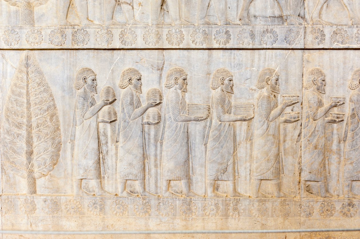 Forntida relief av Achaemeniderna; delegation av jonerna; Apadana-palatset; arkeologisk utgrävning; forntida persiska staden Persepolis; UNESCOs världsarvslista; Fars-provinsen; Iran; Asien av Frederick (attr. to) Barnard