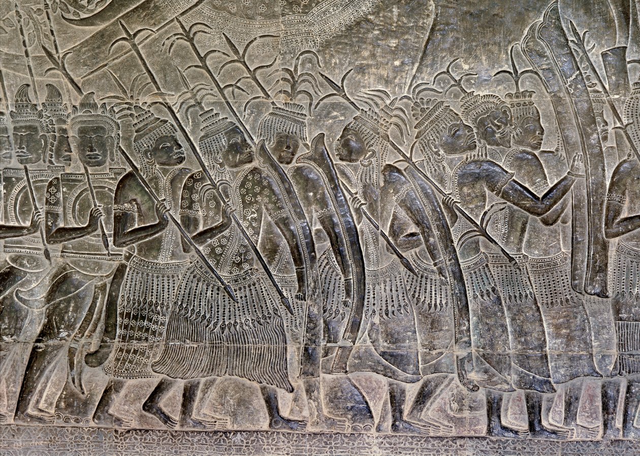 Angkor Wat, Angkor, Kambodja Tidigt 1100-tal med senare tillägg. Denna detalj av relieferna i galleriet visar THAI-folket som marscherar som allierade till Khmer-armén av Hippolyte Lalaise Devéria
