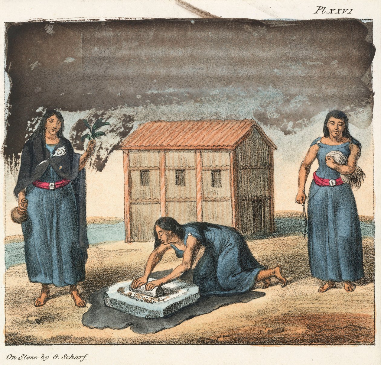 Araucano indiska kvinnor som maler majs och spinner, Chile av Frederick (attr. to) Barnard