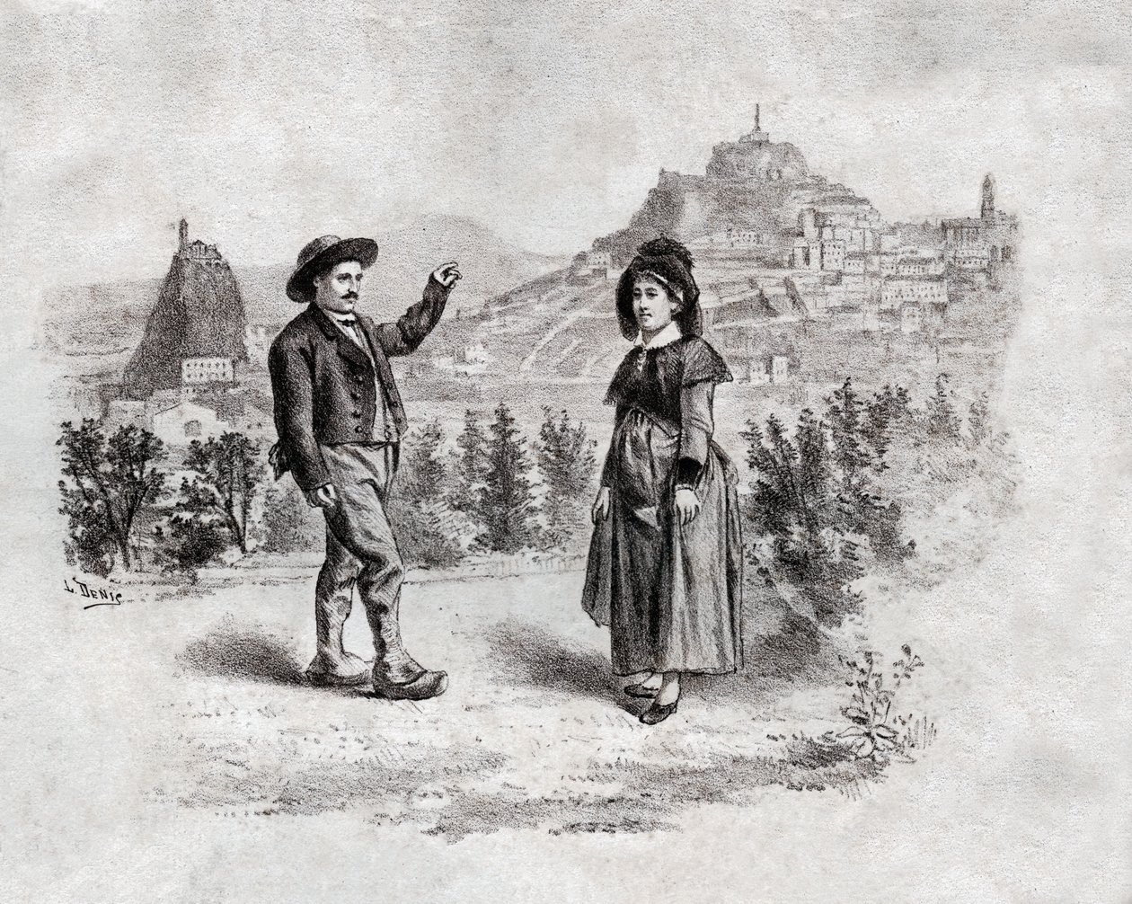 Auvergnats dansar fyllningen på Puy en Velay, Frankrike. cirka 1900 (gravyr) av . .