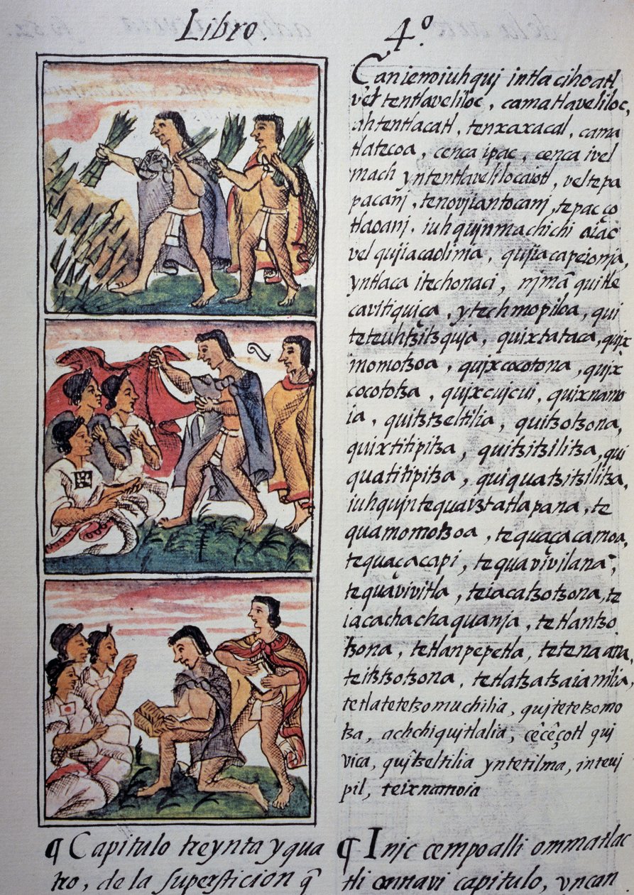Tro och vidskepelse, bok IV av den florentinska kodeksen, tvåspråkig version på spanska och nahuatl, Allmän historia om det nya Spaniens saker, aztekisk civilisation av Georg Carl Heinrich Dollmann