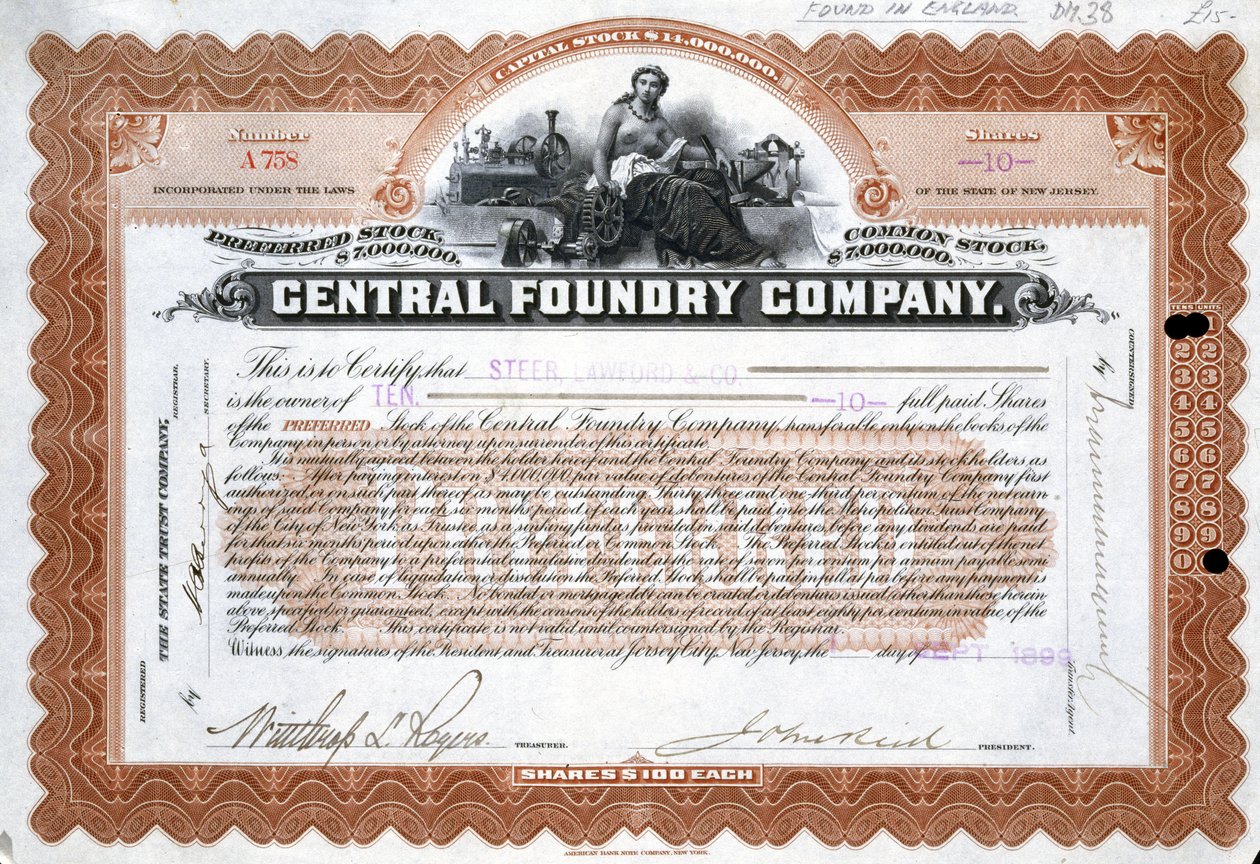 Central Foundry aktiecertifikat, Brasilien av Frederick (attr. to) Barnard