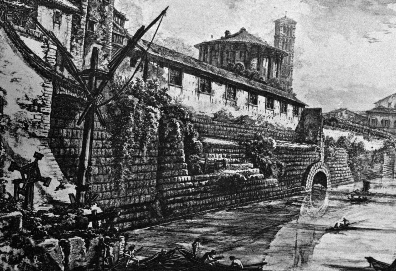 Cloaca Maxima (gammalt avloppssystem) och Vesta eller Hercules Victors tempel, gravyr av Giovanni Battista Piranesi (1720-1778), Italien av William Walcutt