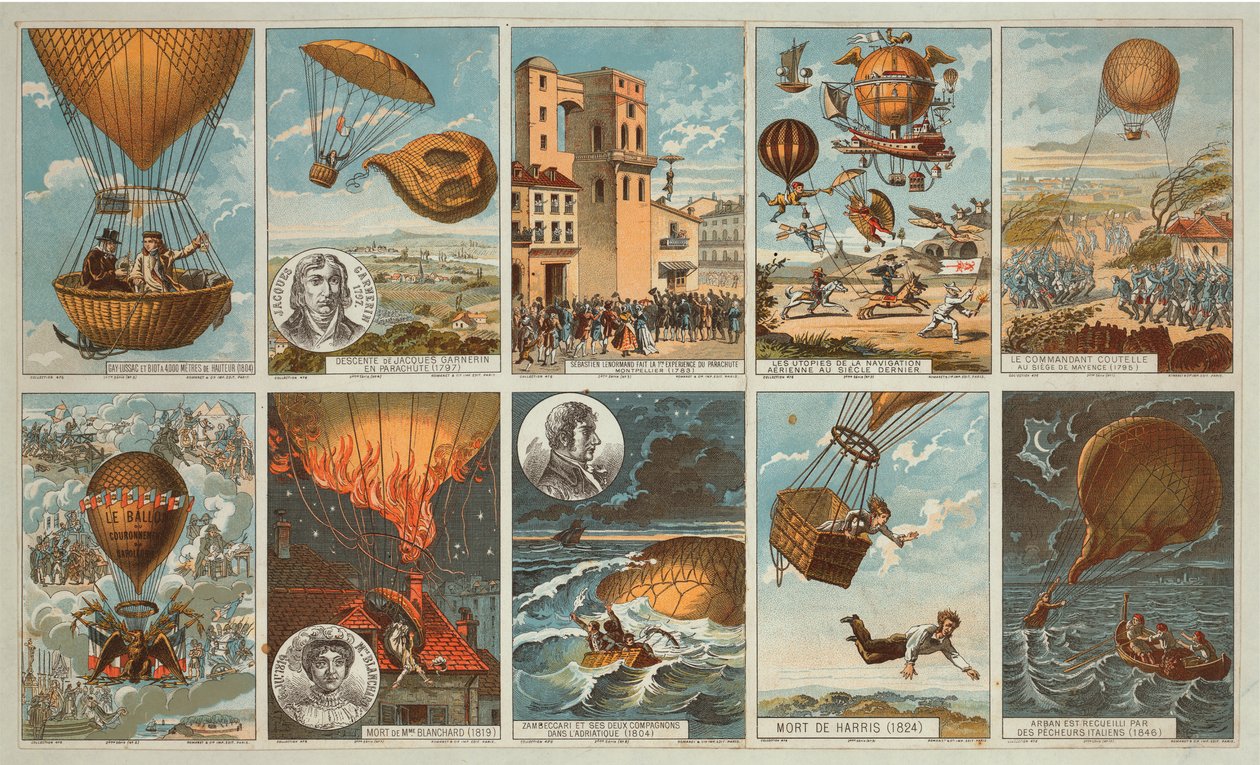 Samla kort med bilder av händelser i ballonghistorien från 1795 till 1846, ca 1900 (kromolitografi) av . .