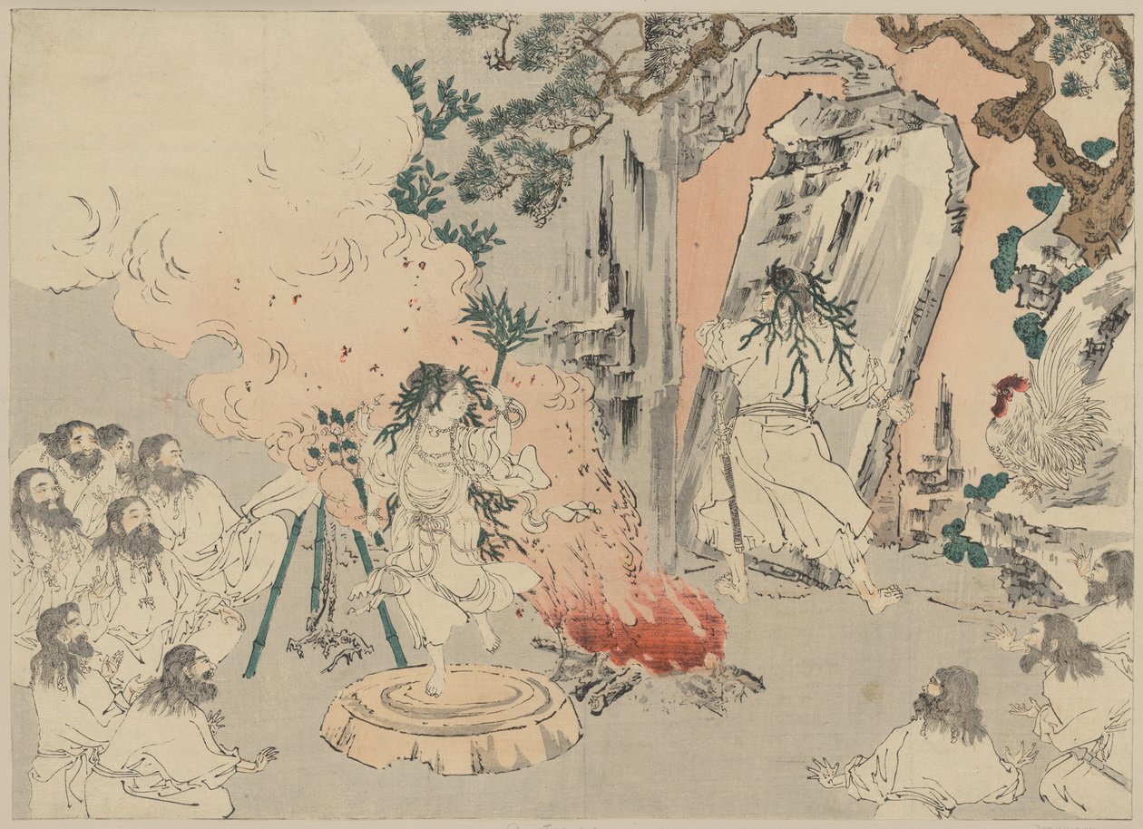 "Countess Kami" dansar för att locka ut solgudinnan Amaterasu ur sin grotta, ca 1890 (träsnitt) av . .