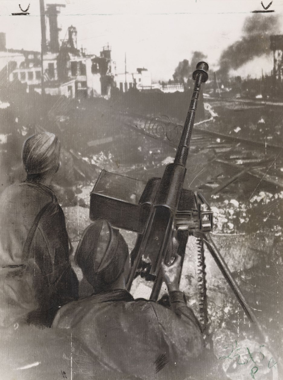 Andra världskriget (1939-1945): två ryska pansarskytte som försvarar en fabrik nära en järnvägslinje under slaget vid Stalingrad (Ryssland) 1942 av Frederick (attr. to) Barnard