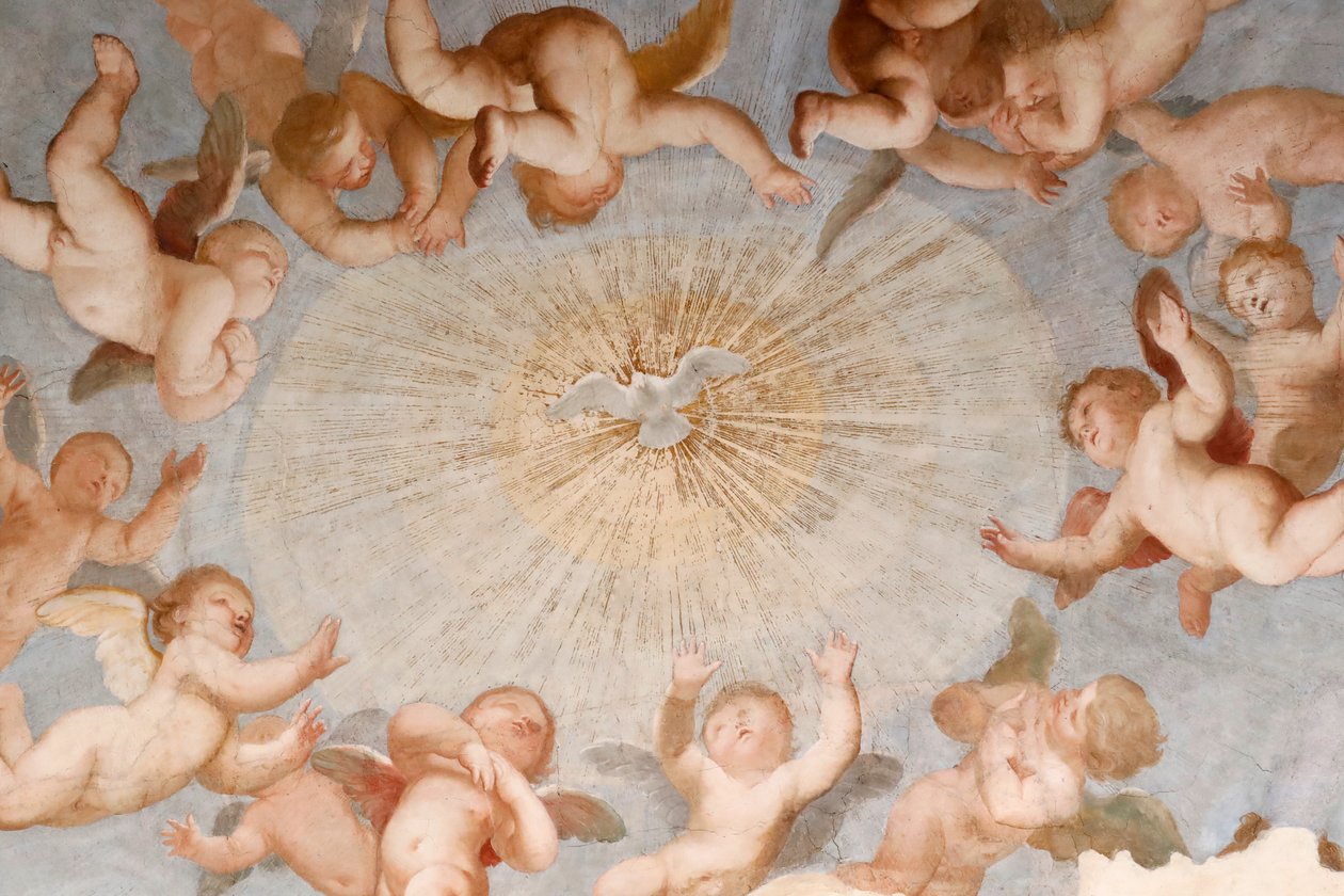 Duva av helig ande. Färsk. Basilikan Santissima Annunziata del Vastato. Genua. Italien. av . .