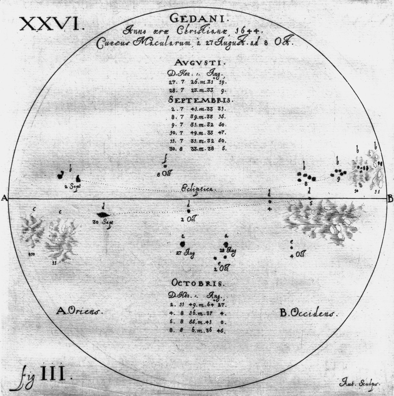 Ritningar av solfläckar, 27 augusti - 8 oktober 1644 av Frederick (attr. to) Barnard