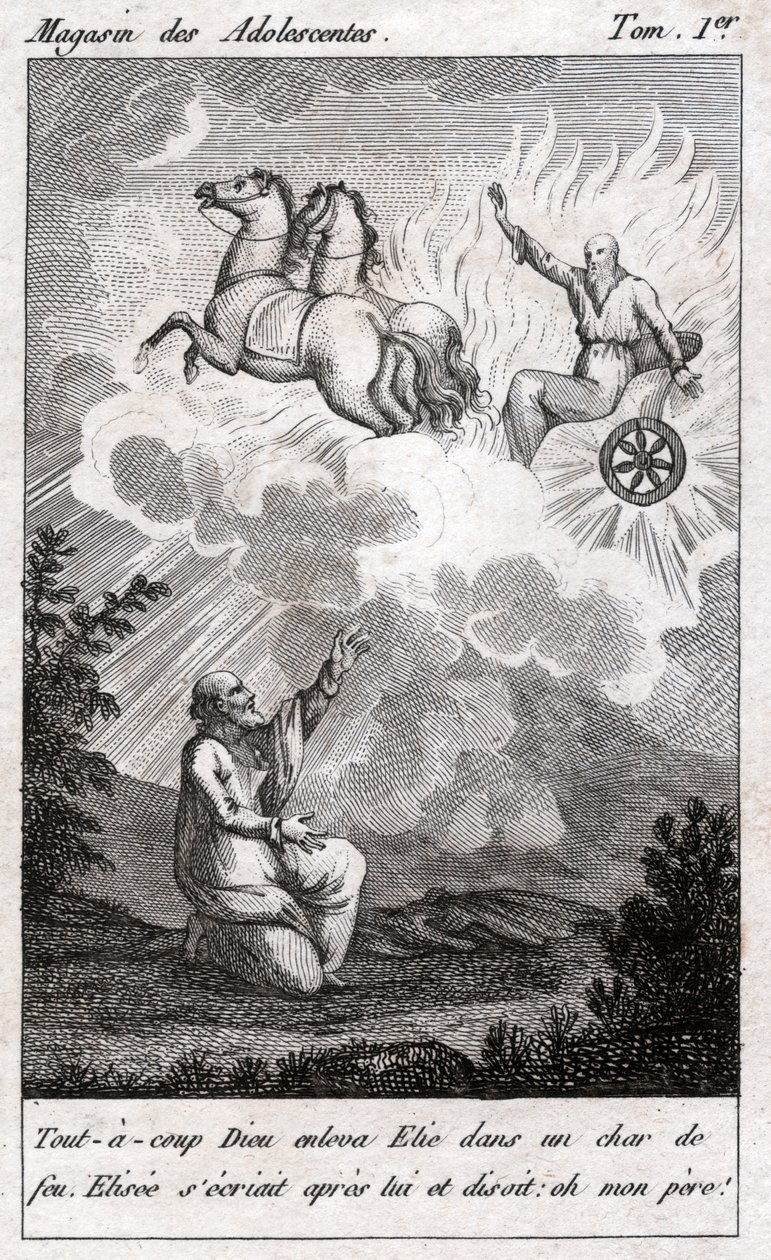 Elia lyfter till himlen, cirka 1880 (gravyr) av . .