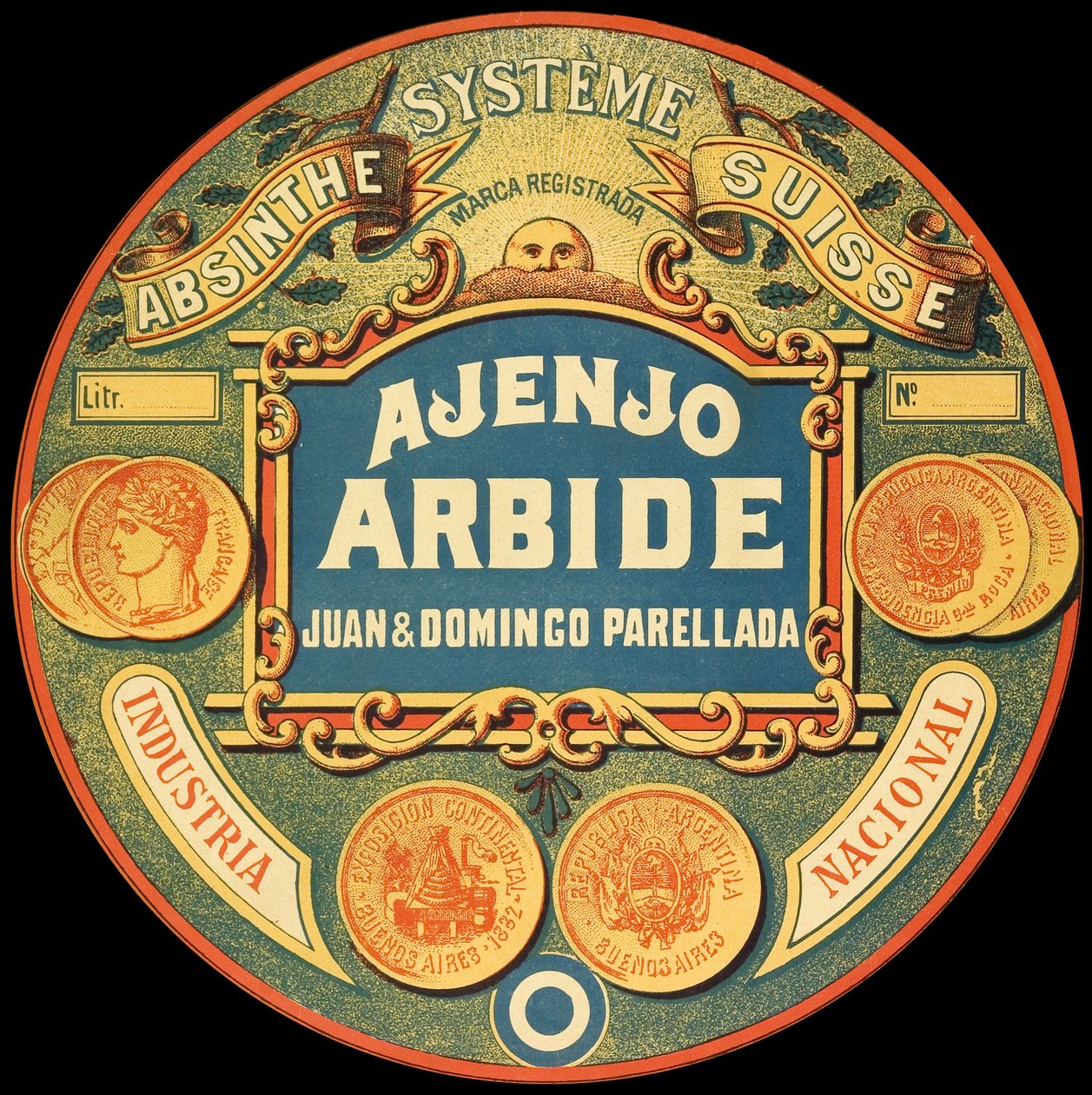 Etikett av det argentinska absintmärket Ajenjo Arbide av Frederick (attr. to) Barnard