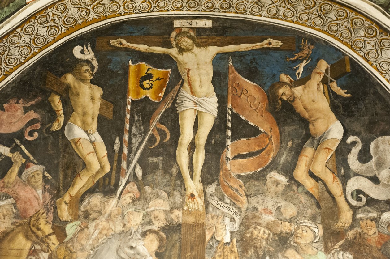 Berömd korsfästelsegrupp av Hans Clemer, fresk i kören, församlingskyrkan Chiesa Parrocchiale, Elva, provinsen Cuneo, Piemonte, Italien, Europa av Ferdinand Georg Waldmuller
