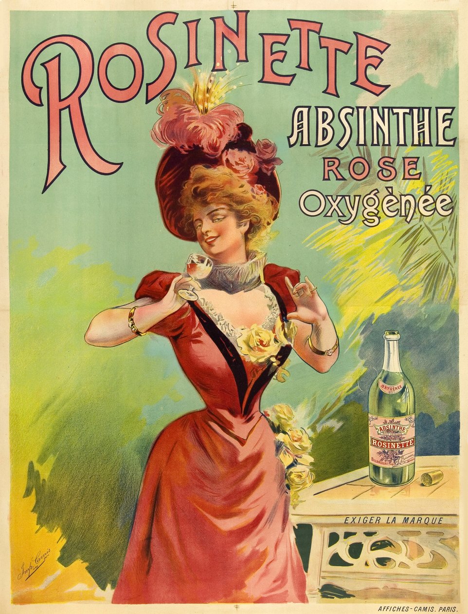 Elegant kvinna klädd i Belle Epoque-mode och njuter av ett glas absint av Frederick (attr. to) Barnard