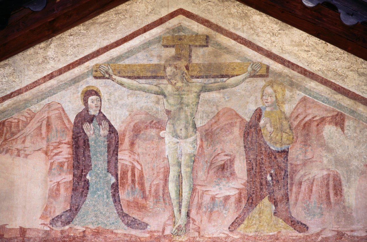 Fresko med korsfästelse i tympanon i Sankt Antonius kyrka, Romeno, Trentino-Alto Adige, Italien av William Walcutt
