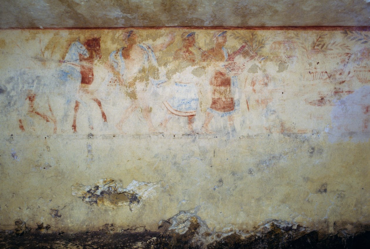 Begravningståg med dansare och musiker, fresk, Tomb of Blue Demons, Necropolis of Tarquinia (UNESCOs världsarvslista, 2004), Lazio, Italien Etruskisk civilisation, 500-talet f.Kr. av Georg Carl Heinrich Dollmann