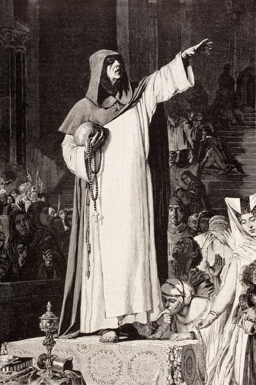 Girolamo Savonarola (1452 1498), italiensk dominikanermunk som predikar mot omoral och lyx som skulle fresta synd, efter ett verk av De Langemantels, från 