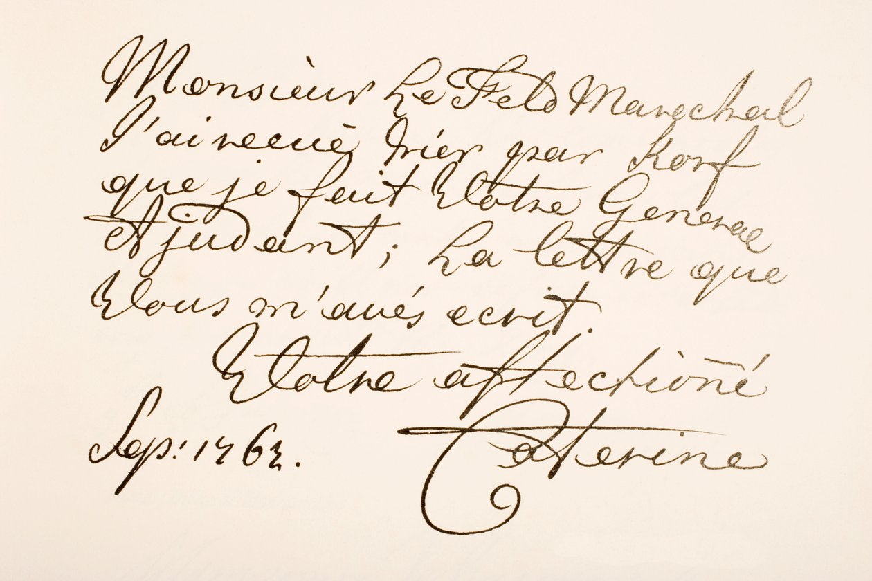 Handskrivande prov av kejsarinnan Katarina II av Ryssland, känd som Katarina den stora av Ferdinand Georg Waldmuller