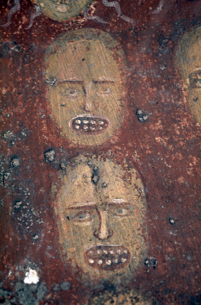 Heads of the damned, Last Judgment fresk i den bysantinska kyrkan Odigitria eller Agitria, Mani halvön, Peloponnesos, Grekland av Georg Carl Heinrich Dollmann