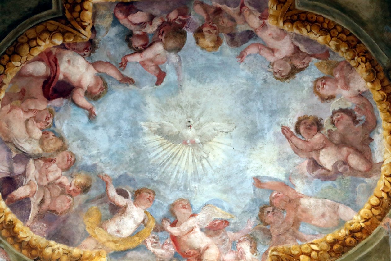 Helig ande och änglar. Färsk. Santa Maria delle Vigne basilikan. Genua. Italien. av . .