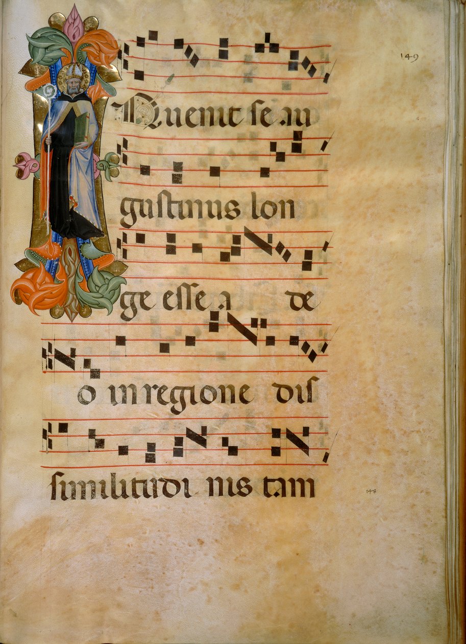Upplyst initial med figuren av Saint Augustine (Corale 19, ca 149), verk av Silvestro dei Gherarducci för körbok 19 av Santa Maria degli Angeli konserverad i Biblioteca Medice-Laurenziana i Florens av Henry Charles Fehr